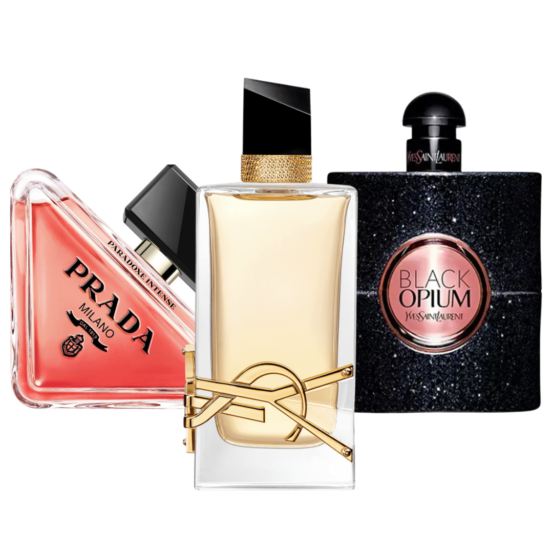 Combo promocional de 3 perfumes Prada Paradox, Black Opium Yves Saint Laurent, y Libre 100ml